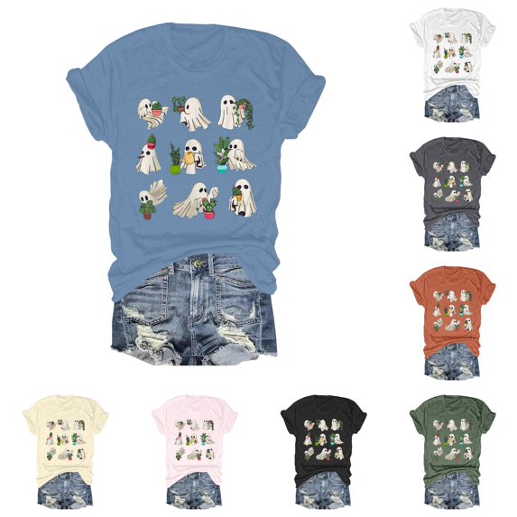 Halloween Shirts for Women Fashionable Floral Print Short Sleeve T Shirt For Day Celebration Round Neck Top Womens T-Shirts and Blue XXL
