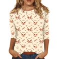 thumbnail image 1 of Halloween Shirts for Women Funny 3/4 Sleeve T Shirts Horror Skull Printed Pullover Spooky Round Neck Tops Holiday Three Quarter Length Blouses, S, 1 of 5