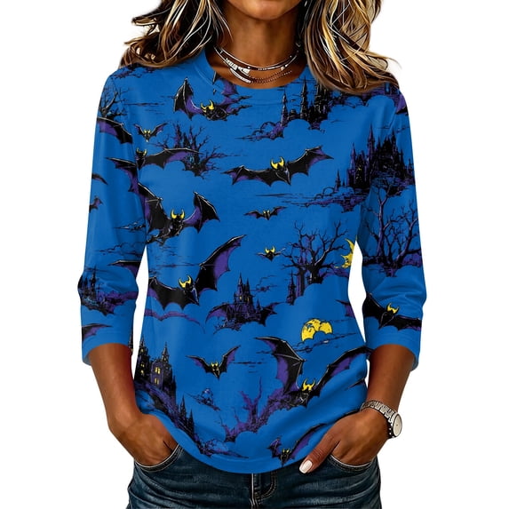 Halloween Shirts for Women Funny 3/4 Sleeve Tops Horror Bat Printed Pullover Spooky Crew Neck T Shirts Holiday Three Quarter Length Blouses, XL