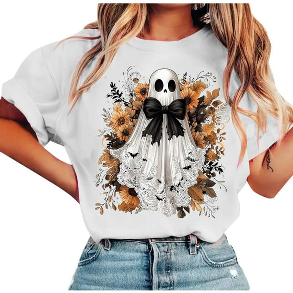 Halloween Shirts for Women Funny Cute Graphic Sweatshirts Short Sleeve Tunic Tops Halloween Costume Blouse