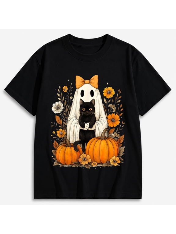 Halloween Shirts for Women, Ghost Costume Black Cat Pumpkin Floral Graphic T-Shirt