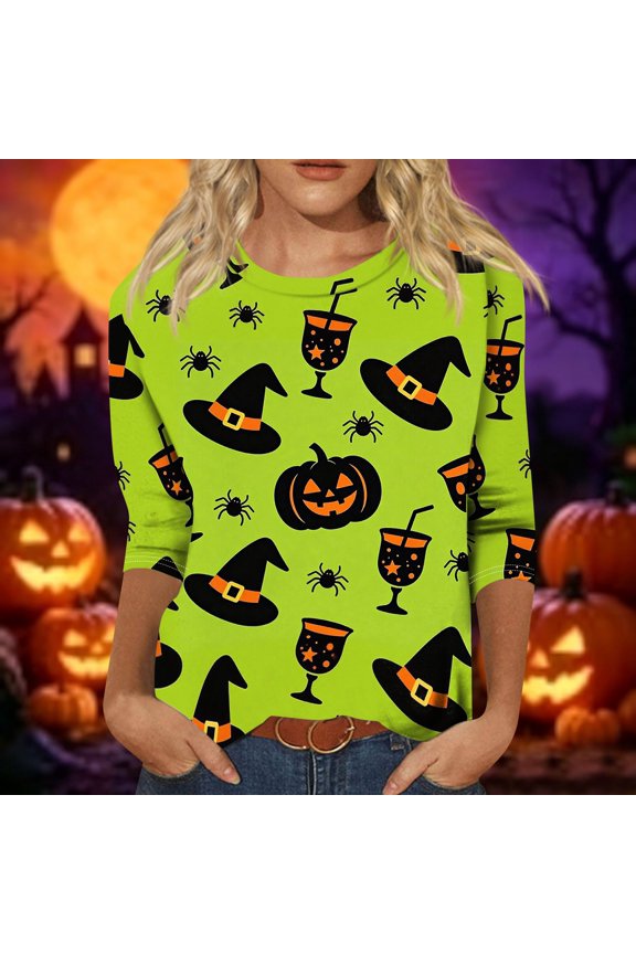 Halloween Shirts for Women Ghost Pumpkin Crew Neck Spooky Tops Spider Skeleton Casual 3/4 Sleeve Funny Tunics M