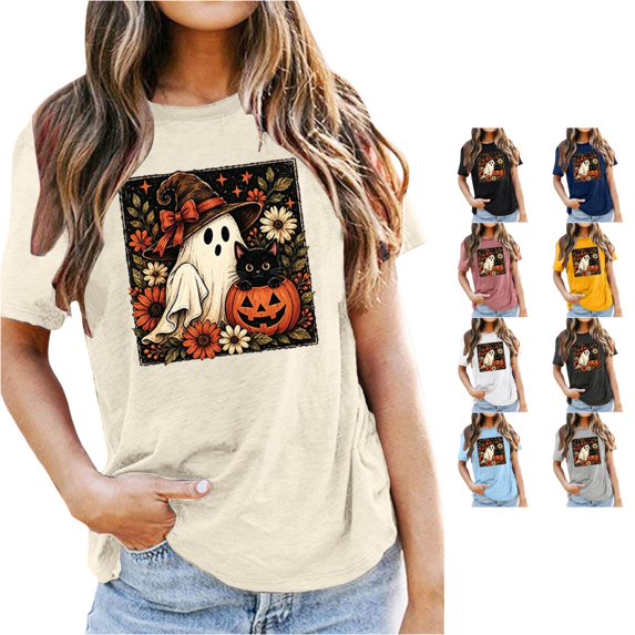 Halloween Shirts for Women Graphic Short Sleeve T Shirt For Everyday Wear Soft Crew Neck Tee With Playful Pattern And Beige L