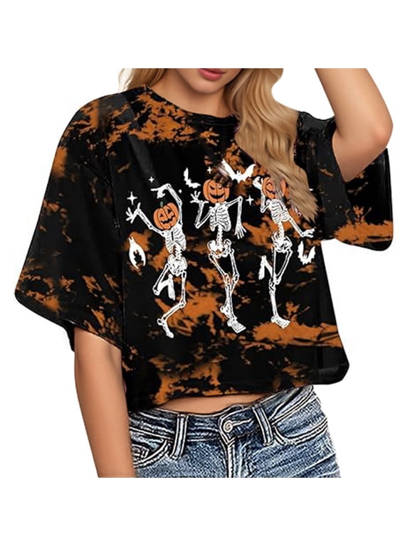 Halloween Shirts for Women Halloween Crop Tops Dancing Skeleton Shirts Fall Pumpkin Graphic Cropped Tee