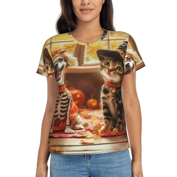Halloween Shirts for Women, Halloween Cute Cat and Dog Womens Tops Casual T Short Sleeve Shirts Halloween Party Costume