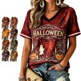 thumbnail image 1 of Halloween Shirts for Women Happy Halloween V Neck Cute Pumpkin Ghost Short Sleeve Tops for Women Party Holiday Women's T-Shirts Wine XXL, 1 of 4