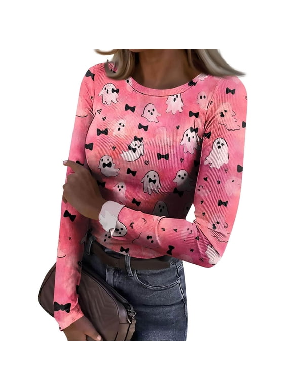 Halloween Shirts for Women Long Sleeve Cute Graphic Ribbed Tops Slim Fit Halloween Underscrubs Hodiday Festival Outfits
