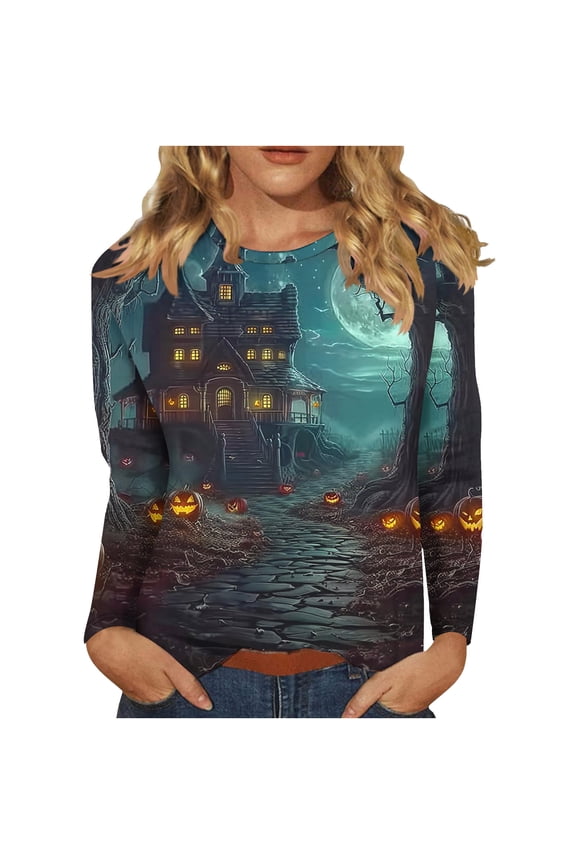 Halloween Shirts for Women Long Sleeve Round Neck Pumpkin Graphic Print Funny Tee Tshirts Loose Fit Plus Size (2XL, Yellow 04)