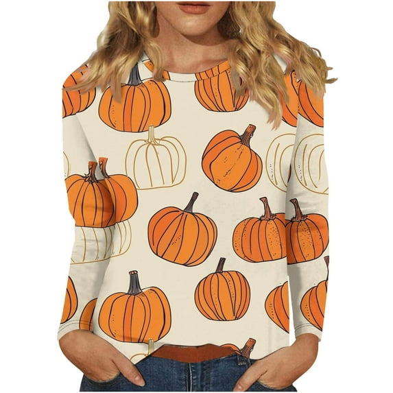 Halloween Shirts for Women Long Sleeve Round Neck Pumpkin Graphic Print Funny Tee Tshirts Loose Fit Plus Size (M, Yellow 01)