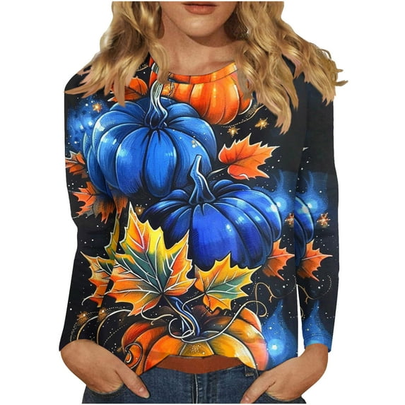 Halloween Shirts for Women Long Sleeve Round Neck Pumpkin Graphic Print Funny Tee Tshirts Loose Fit Plus Size (XL, Blue)