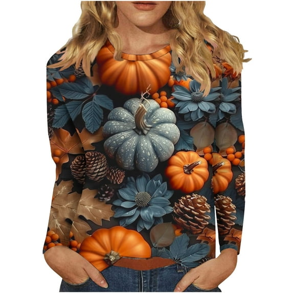 Halloween Shirts for Women Long Sleeve Round Neck Pumpkin Graphic Print Funny Tee Tshirts Loose Fit Plus Size (XL, Navy)