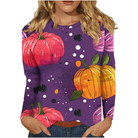 Halloween Shirts for Women Long Sleeve Round Neck Pumpkin Graphic Print Funny Tee Tshirts Loose Fit Plus Size (XL, Purple 01)