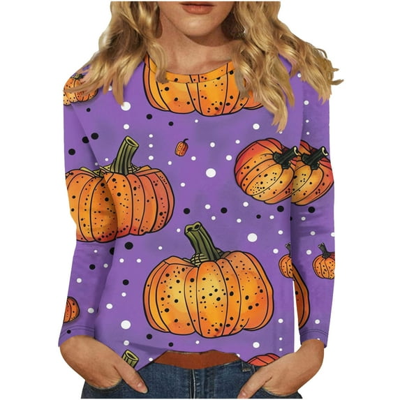 Up to 50% off Halloween Shirts for Women Long Sleeve Round Neck Pumpkin Graphic Printed Funny Tee Tshirts Loose Fit Plus Size (XL, Purple)