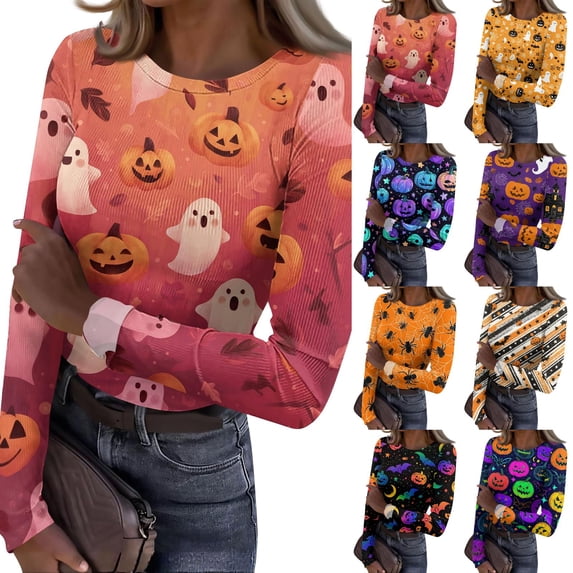 Halloween Shirts for Women Long Sleeve Slim Fitted Funny Cartoon Ghost Tunic Tops Party Spring Day Crew Neck Ribbed Tee Tops Earthy Yellow L