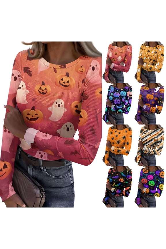 Halloween Shirts for Women Long Sleeve Slim Fitted Funny Cartoon Ghost Tunic Tops Party Spring Day Crew Neck Ribbed Tee Tops Earthy Yellow L