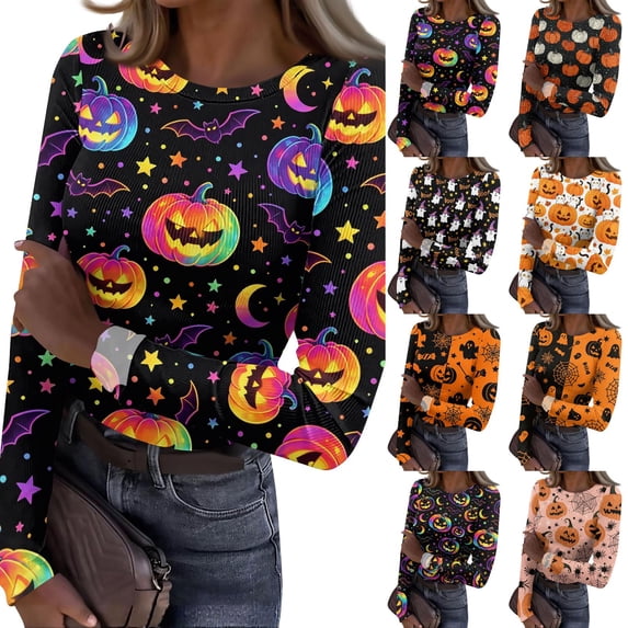 Halloween Shirts for Women Long Sleeve Slim Funny Pumpkin Ghost Tunic Tops Holiday Fall Spring Crew Neck Ribbed Tee Tops Purple L