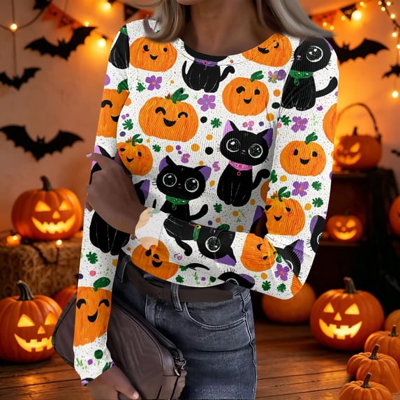 Halloween Shirts for Women Long Sleeve Slim Funny Pumpkin Ghost Tunic Tops Party Spring Day Crew Neck Ribbed Tee Tops White XXL