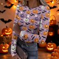 thumbnail image 1 of Halloween Shirts for Women Long Sleeve Slim Ribbed Funny Pumpkin Ghost Tunic Tops Holiday Crew Neck Fall Spring Basic Tees Purple Pink M, 1 of 6