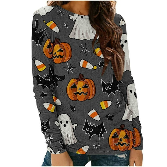 Halloween Shirts for Women Long Sleeve T-Shirts Funny Graphic Print Casual Loose Comfy Crewneck Tunic Tops Women Fall Outfit