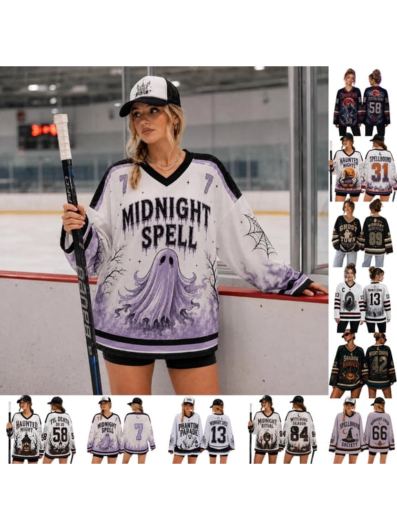 Halloween Shirts for Women Oversized Long Sleeve Hockey Jersey Womens Tops Funny Spooky Ghost V Neck Fall Fashion Gothic Saints Pullover Tops Beige M