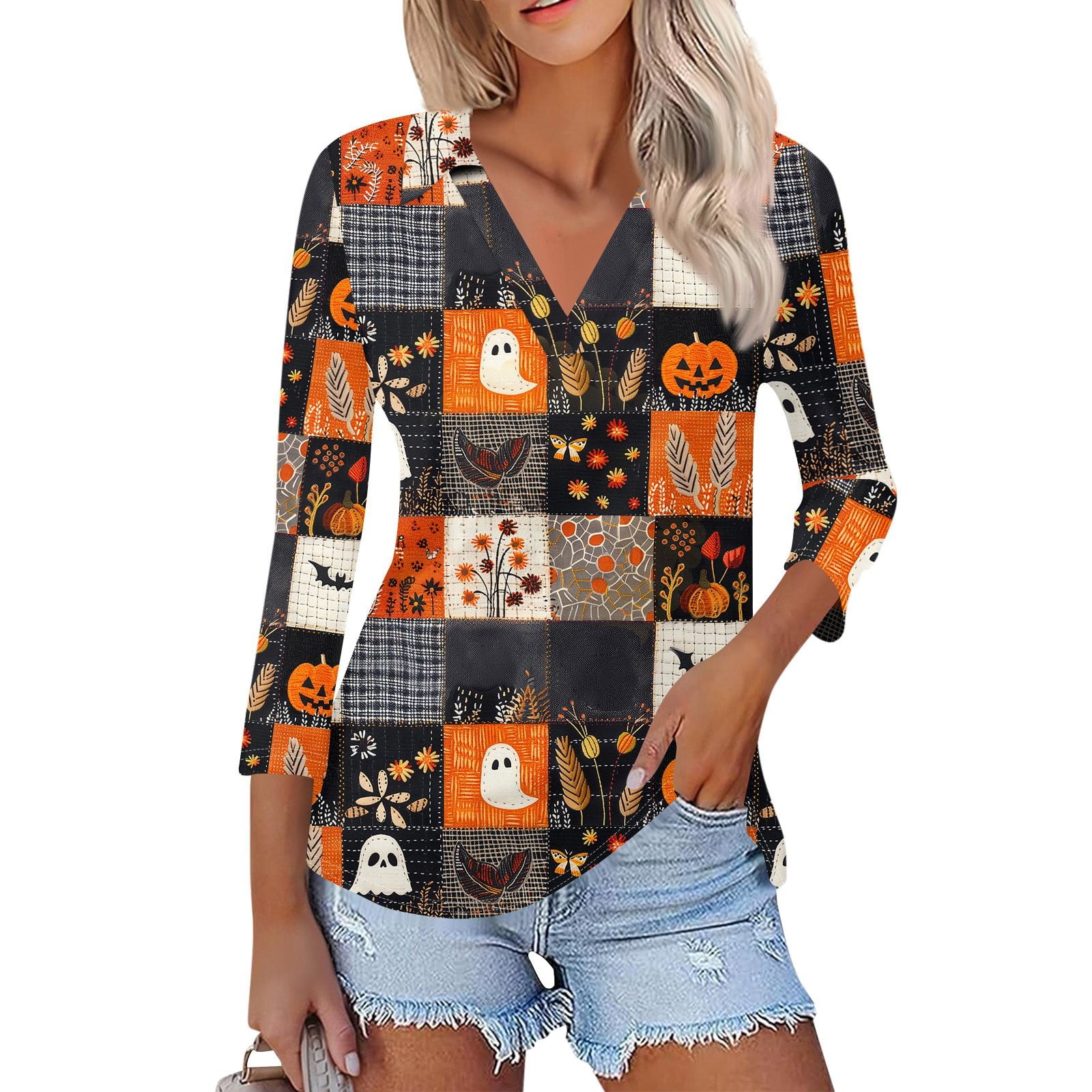 Halloween Shirts for Women Pumpkin Bats Graphic Tunic 3/4 Length Sleeve