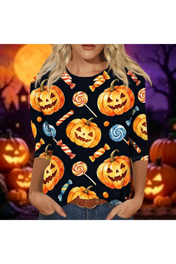 Halloween Shirts for Women Pumpkin Ghost Crew Neck Scary Blouses Bat Spider Casual 3/4 Sleeve Funny Tops M