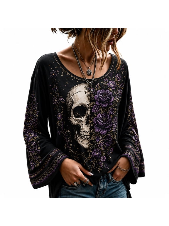 Halloween Shirts for Women Retro Gothic Floral Skeleton Print T-Shirt Bell Sleeve Scoop Neck Boho Graphic Blouse for Spooky Season