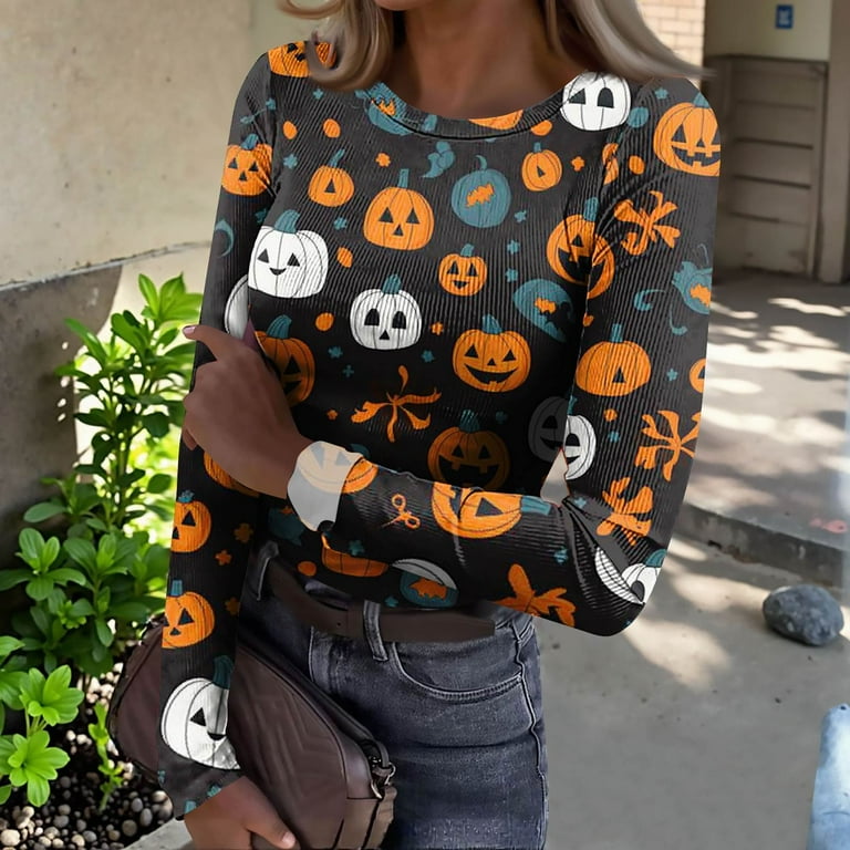 Halloween Shirts for Women Rib Knit Tops Stretch Crew Neck Ribbed