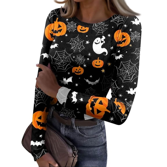 Halloween Shirts for Women Ribbed Knit Long Sleeve Cute Tops Slim Fit Pumpkin Print Funny Holiday Tee