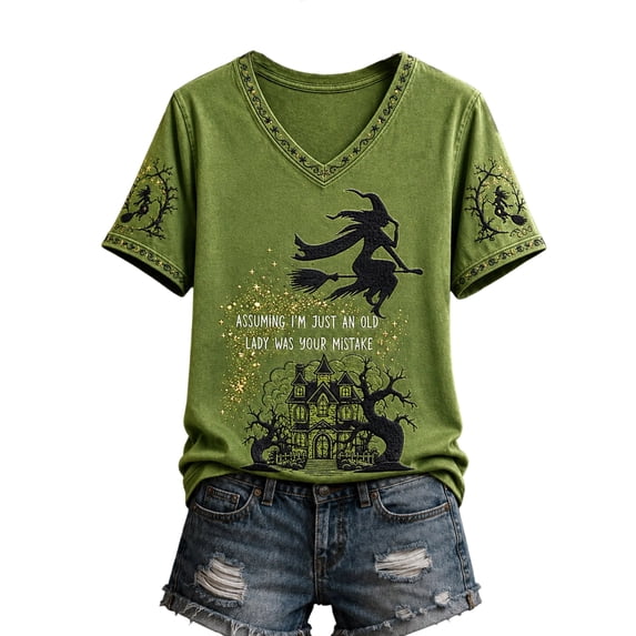 Halloween Shirts for Women Short Sleeve Funny Witch Graphic V Neck Spooky Season Casual Pullover Tops, 2XL