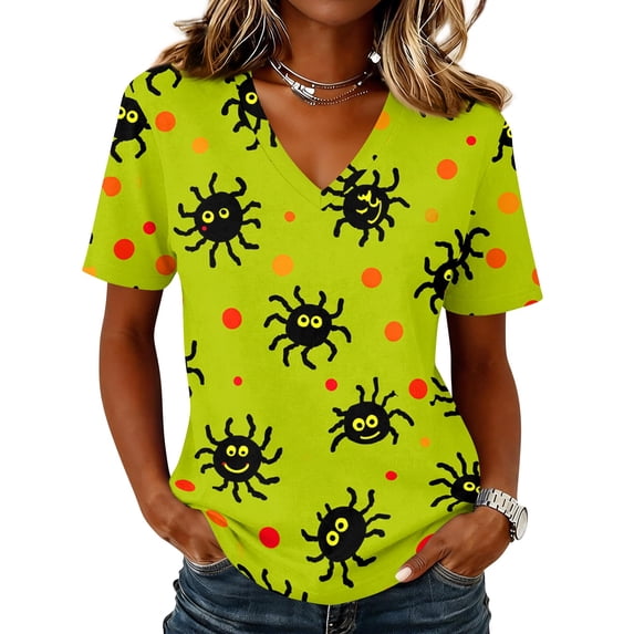 Halloween Shirts for Women Short Sleeve Gothic Silhouette Graphic Print Tops V Neck Lightweight T-Shirts Vintage Holiday Shirts Green M