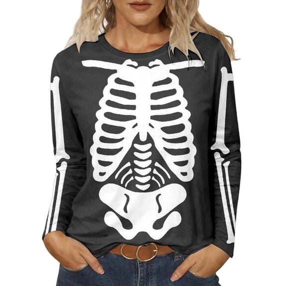 Halloween Shirts for Women Skeleton Print Long Sleeve Casual Fit Crewneck Tops Fall Outfit