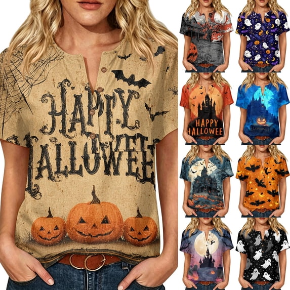 Halloween Shirts for Women Spider Castle Loose Fit Henley Funny Blouse Pumpkin Graphic Short Sleeve Vintage Fall Tees 3XL