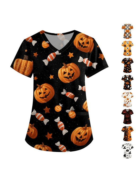 Halloween Shirts for Women Spiderweb Graphic Printed Crew Neck Blouses Short Sleeve Loose Fit Evening Party Casual Scrub Tops Black 5XL