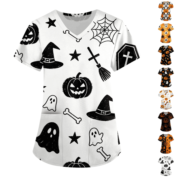 Halloween Shirts for Women Spiderweb Graphic Printed Crew Neck Blouses Short Sleeve Loose Fit Evening Party Casual Scrub Tops White L