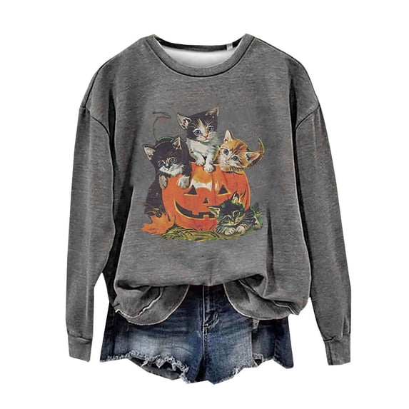 Halloween Shirts for Women Spring Fall Winter Retro 90s Cat Print Sweatshirt Tops Long Sleeve Funny Shirts for Women Gray XXL