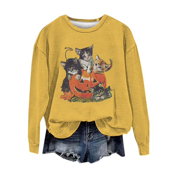 Halloween Shirts for Women Spring Fall Winter Retro 90s Cat Print Sweatshirt Tops Long Sleeve Funny Shirts for Women Yellow M