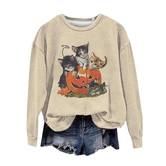 Halloween Shirts for Women Spring Fall Winter Retro 90s Cat Print Sweatshirt Tops Long Sleeve Funny Shirts for Women