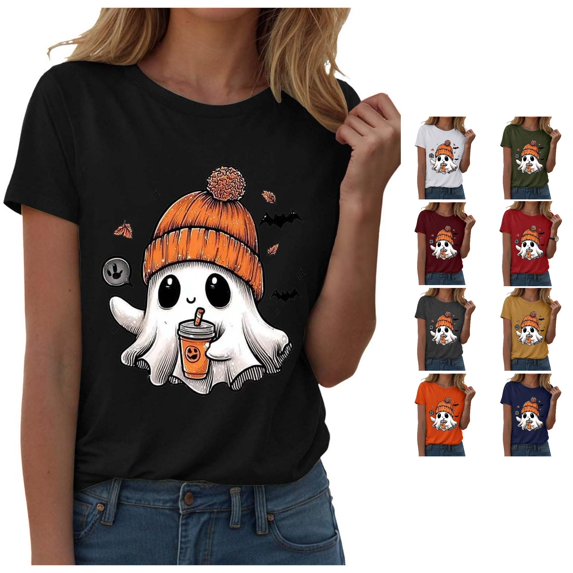 Halloween Shirts for Women T-Shirt for Halloween Graphic Round Neck Tee Casual Summer Out Top with Jeans Everyday Wear for Women Black XL