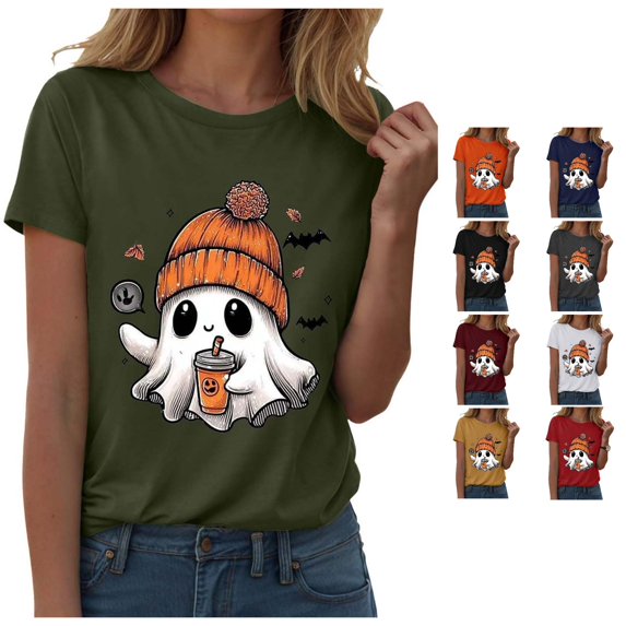 Halloween Shirts for Women T-Shirt for Halloween Graphic Round Neck Tee Casual Summer Out Top with Jeans Everyday Wear for Women Green L