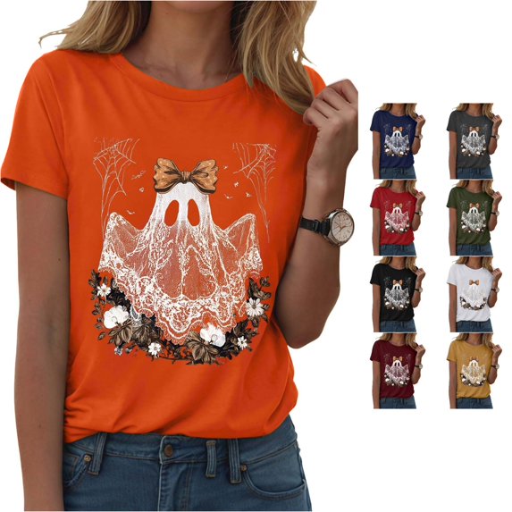 Halloween Shirts for Women T-Shirts for Women Casual Graphic Tee with Round Neck and Distinct Pattern Seasonal Summer Out for Jeans Orange XXL