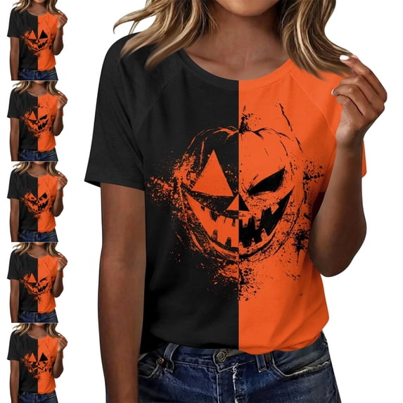 Halloween Shirts for Women Thanksgiving Novelty Pumpkin Face Tshirts Crew Neck Short Sleeve Festival Party Fashion Fashion Clothing Saffron M