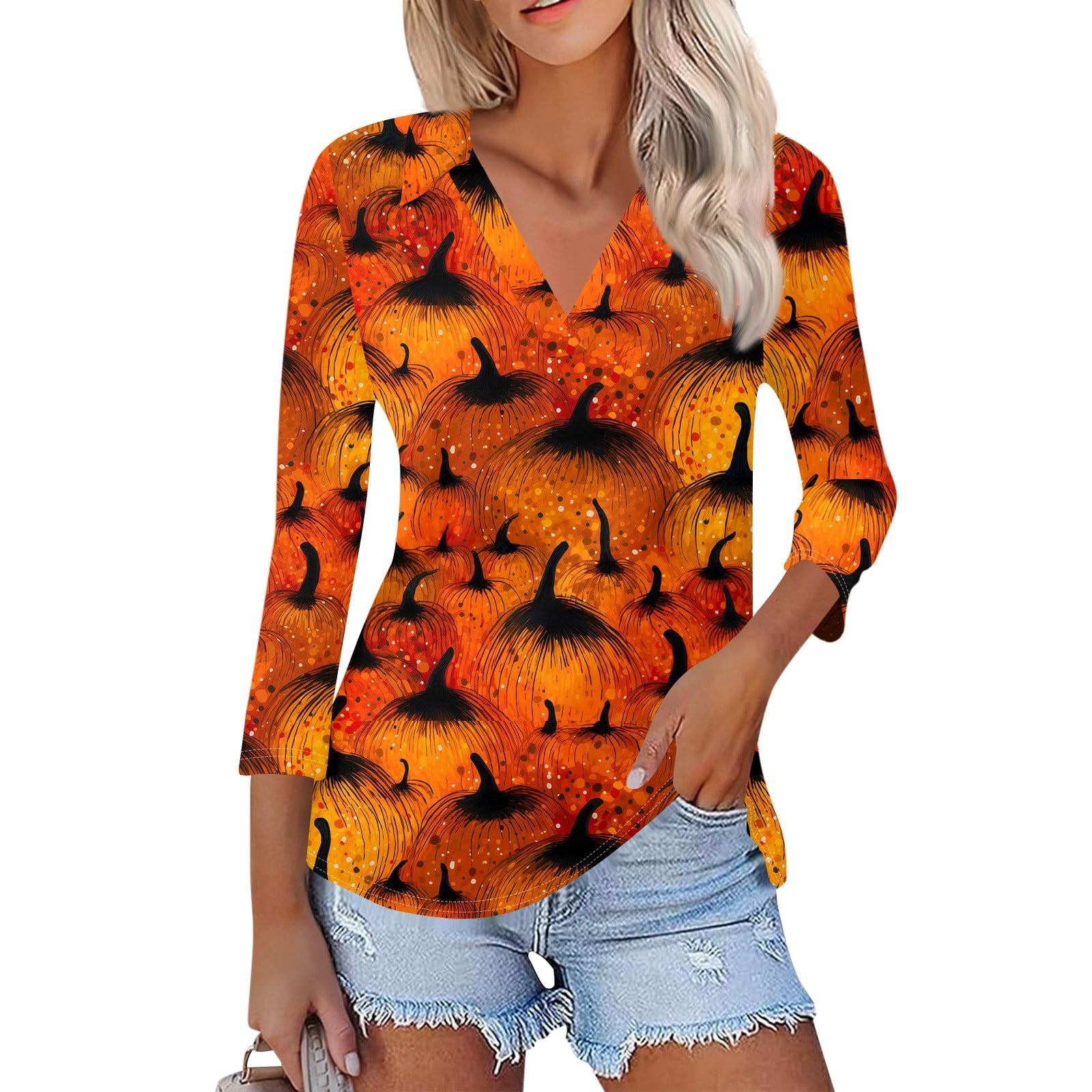 Halloween Shirts for Women Trendy Pumpkin Ghost Print Tshirts 3/4