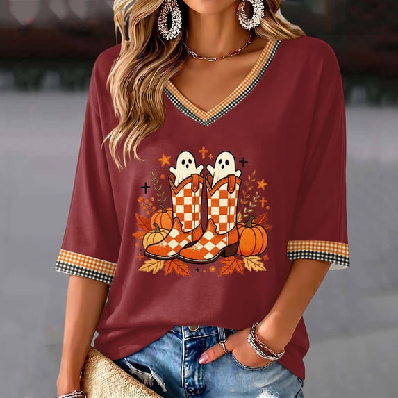 Halloween Shirts for Women V Neck Fall Funny Pumpkin Ghost 3/4 Length Sleeve T-Shirt Autumn Holiday Fashion Tee Tops Red M