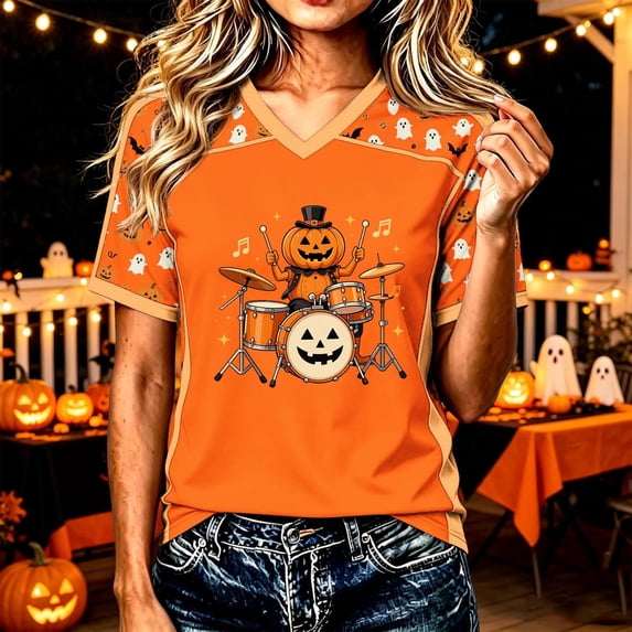 Halloween Shirts for Women V Neck Short Sleeve Graphic Tees Cute Pumpkin Drummer Print Casual Tops Lightweight Fall Holiday Clothes for Festival Wear