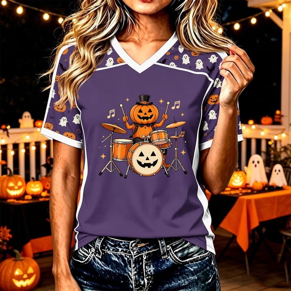 Halloween Shirts for Women V Neck Short Sleeve Graphic Tees Cute Pumpkin Drummer Print Casual Tops Lightweight Fall Holiday Clothes for Festival Wear