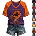 thumbnail image 1 of Halloween Shirts for Women Vintage Broom Flying Witch Shirt Raglan Short Sleeve V Neck T-Shirt Casual Halloween Basic Tee Tops,Ginger,3XL, 1 of 7