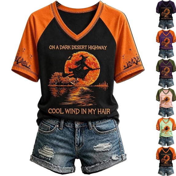 Halloween Shirts for Women Vintage Broom Flying Witch Shirt Raglan Short Sleeve V Neck T-Shirt Casual Halloween Basic Tee Tops,Saffron,L