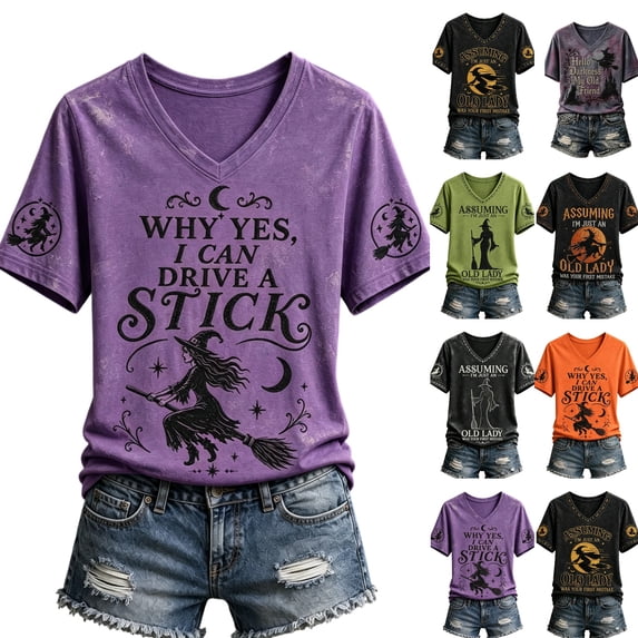 Halloween Shirts for Women Vintage Broom Flying Witch Shirt Short Sleeve V Neck Basic T-Shirt Casual Pullover Tops,Multicolor,S
