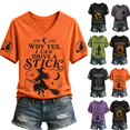 thumbnail image 1 of Halloween Shirts for Women Vintage Broom Flying Witch Shirt Short Sleeve V Neck Basic T-Shirt Casual Pullover Tops,Saffron,S, 1 of 8